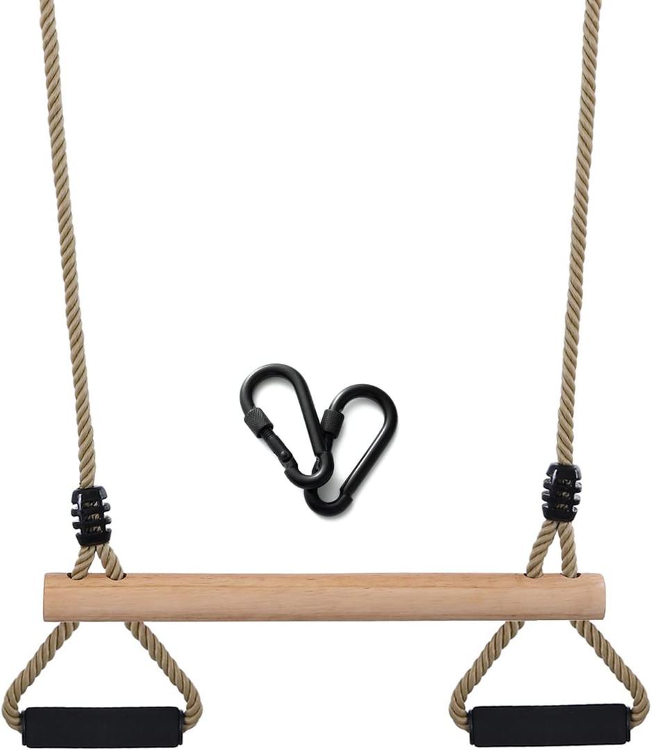Wooden Trapeze Swing Bar with Gym Rings for Children's Swing Set Indoor Outdoor Garden,Yard,Playground (Black)