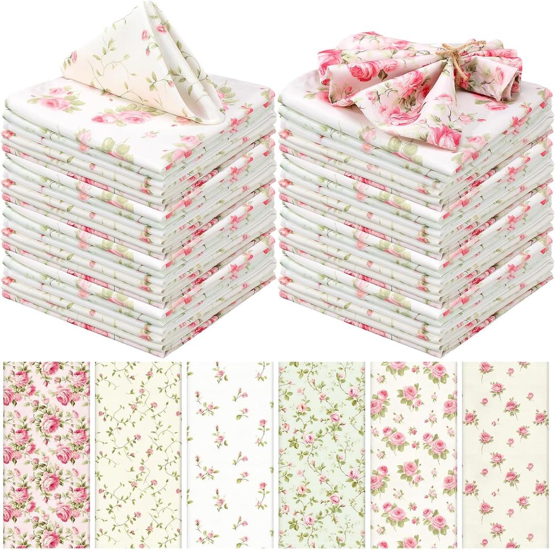 Floral Cloth Napkins 6 Patterns Washable Dinner Tea Party Napkins Reusable Plant Flowers Square Napkin Cotton Towel Decorative for Spring Wildflower Party(Pink Rose,12 Pcs)