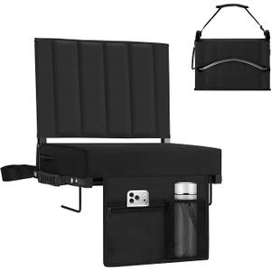 Stadium Seat for Bleachers with Back Support, Portable Bleacher Seat with Wide Comfy Padded Cushion, Metal Hook, Folding Stadium Chair with Shoulder Strap, Carry Handle, Cup Holder, Black