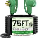 50 Amp RV/EV Extension Cord 75 FT Outdoor with Grip Handle, Flexible Heavy Duty 6/3+8/1 Gauge STW 4 Prong RV Power Cord Waterproof, NEMA 14-50P to 14-50R, Black-Green, ETL Listed.
