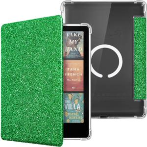 CoBak Magnetic Case for 7" Kindle Paperwhite 12th Gen 2024 and Kindle Colorsoft - Compatible with iPhone MagSafe, for Samsung/Belkin/Anker Wireless Charging Pads, Clear Back Cover, Auto Sleep Wake (Mag Ring Jade Glitter)