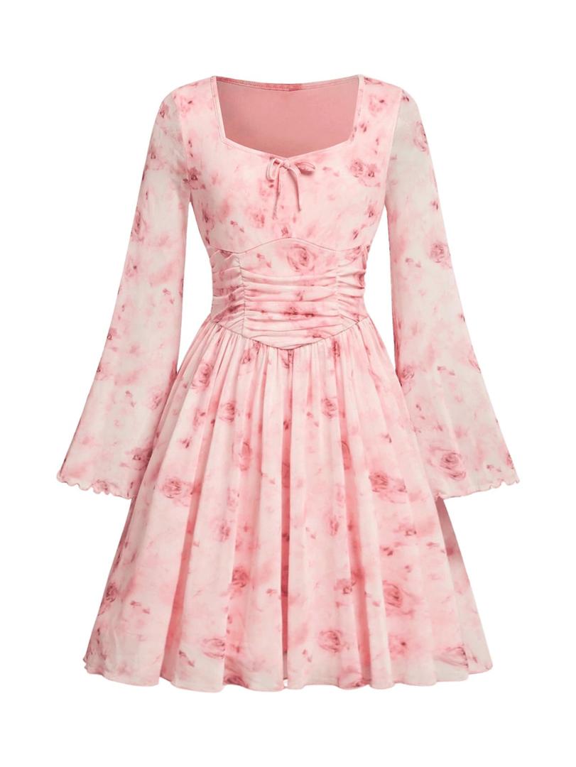 Verdusa Girl's Floral Mesh Boho Dresses Long Sleeve Ruched A Line Flowy Dress Spring Clothes Festival Outfits Size 11Y