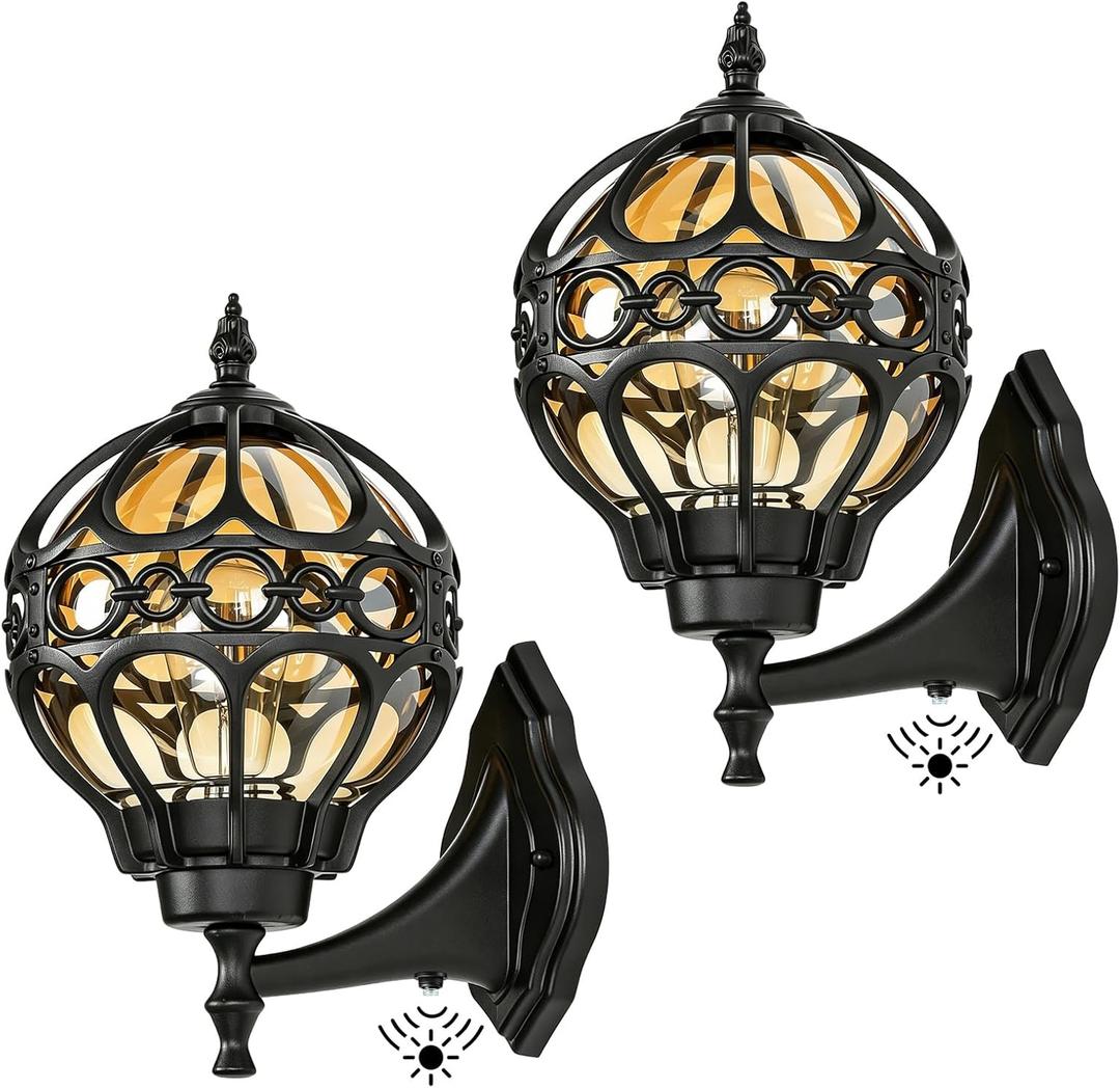 2 Pack Dusk to Dawn Globe Outdoor Wall Lights, Black Round Porch Light for Patio Garage Doorway, Anti-Rust Aluminum Waterproof Exterior Sensor Lighting Fixtures, Wall Sconce Lantern with Amber Glass, 13.1"H-2 Pack