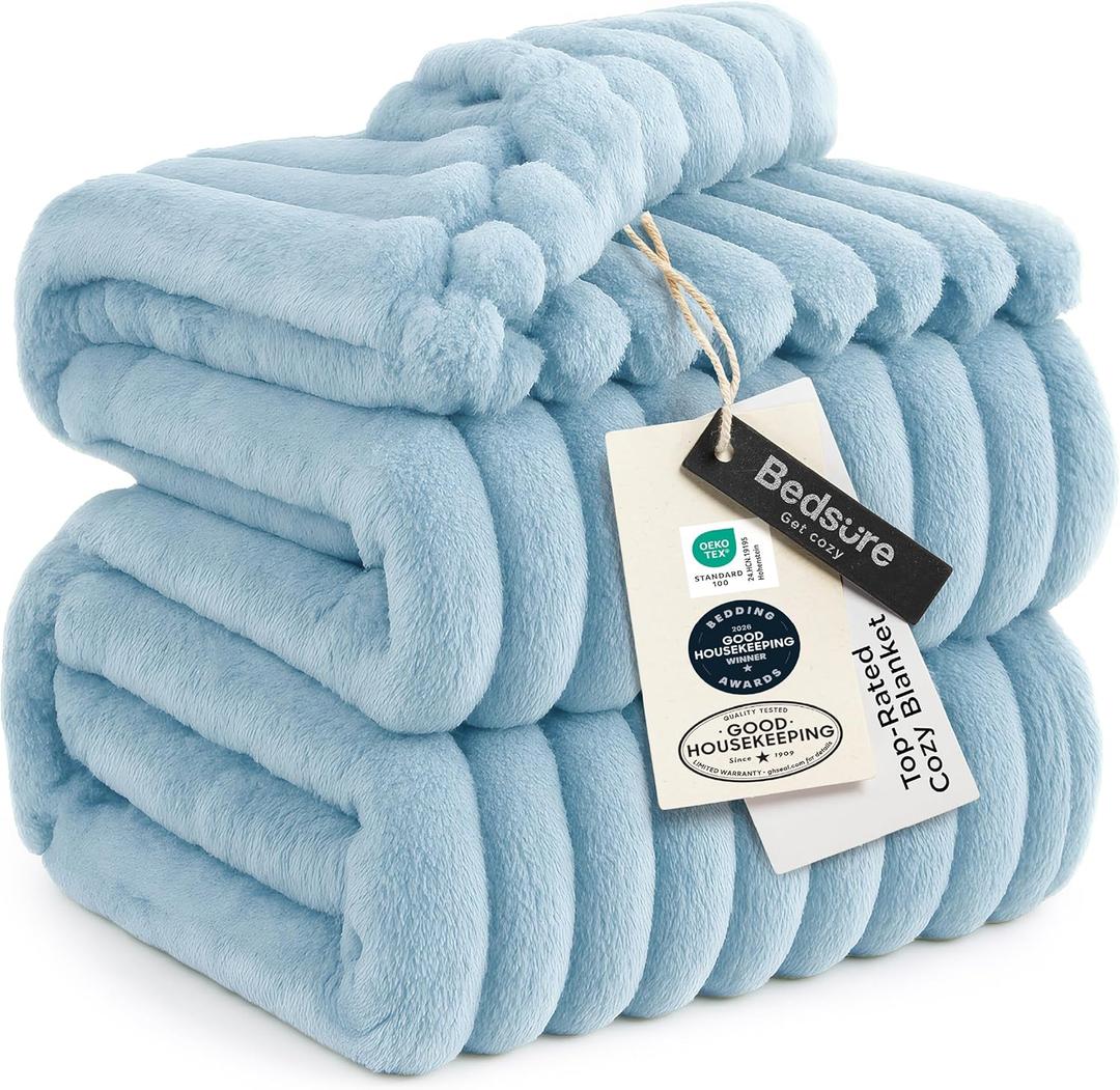 Bedsure GentleSoft Blue Fleece Blanket for Couch - Cozy Soft Blankets for Women, Cute Small Throws for Girls, Light Blue, 90x90 Inches