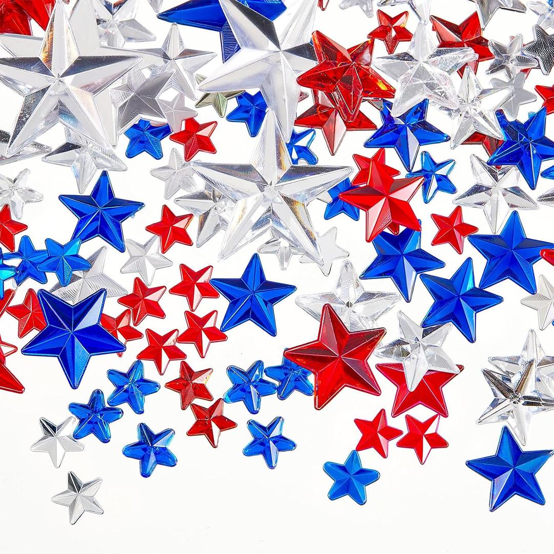 Chuangdi 516 Pcs Acrylic Star Rhinestone Crystal Gems Rhinestone Flat Back 18mm/12mm/10mm/6mm for 4th of July Wedding Birthday Decoration DIY Clothes Shoes Jewelry Making Crafts(Red White Blue)