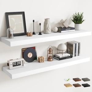 55 Inch Floating Shelves for Wall with Invisible Brackets Set of 2, 12"D Engineered Wood Wall Shelves with Wood Grain for Living Room, Bedroom, Bathroom, Kitchen Decor and Storage, White Finish, 55Wx12Dx1.5H, Set of 2