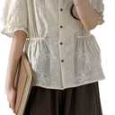 Women's Cotton Linen Embroidered Tunic Blouse Elegant Puff Short Sleeve Crewneck Layered Button Down Shirt (Beige)