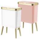 Procade 2Pack Office Trash Can with Lid, Bathroom Garbage Bin with Gold Edge, Modern Pink Trash Can for Bedroom, Slim Waste Basket Plastic Trash Bin for Room,Kitchen, Living Room,Toilet, 4 Gallon, White and Pink