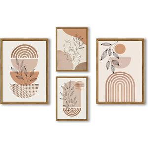 NIKICEE Large Framed Boho Canvas Wall Art, Mid Century Modern Room Decor, Minimalist Geometric Abstract Boho Bathroom wall art Canvas Prints Ready to Hang Bedroom decor, Set of 4 (12x16inch, orange)