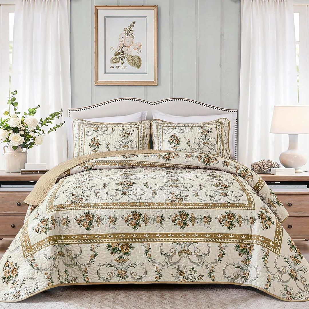 Anibedding Floral Quilt Set Queen Size, Retro Brown Flower Pattern Quilts Bedspread,Soft Microfiber Lightweight Bed Cover for All Season(Queen, 96"x90")