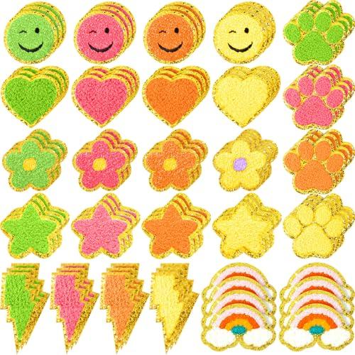 Hanaive 80 Pcs Chenille Letter Patches Self Adhesive Iron on Patch 3D Cute Embroidered Rainbow Smile Face Heart Applique Sewing Badges Patch for Fabric Clothing Jacket DIY(Neon Color,Cute)
