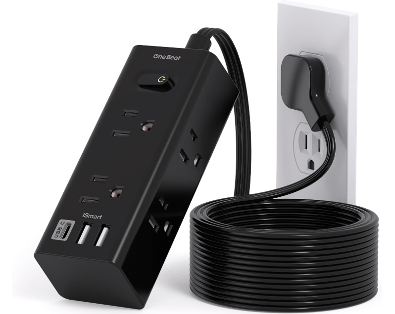 10Ft Extension Cord with Multiple Outlets, Flat Plug Power Strip Surge Protector with 10 Ft Long Cord, 6 Outlet 3 USB Ports (1 USB C), Multi Outlet Wall Plug for Travel, Dorm Room Essentials-Black