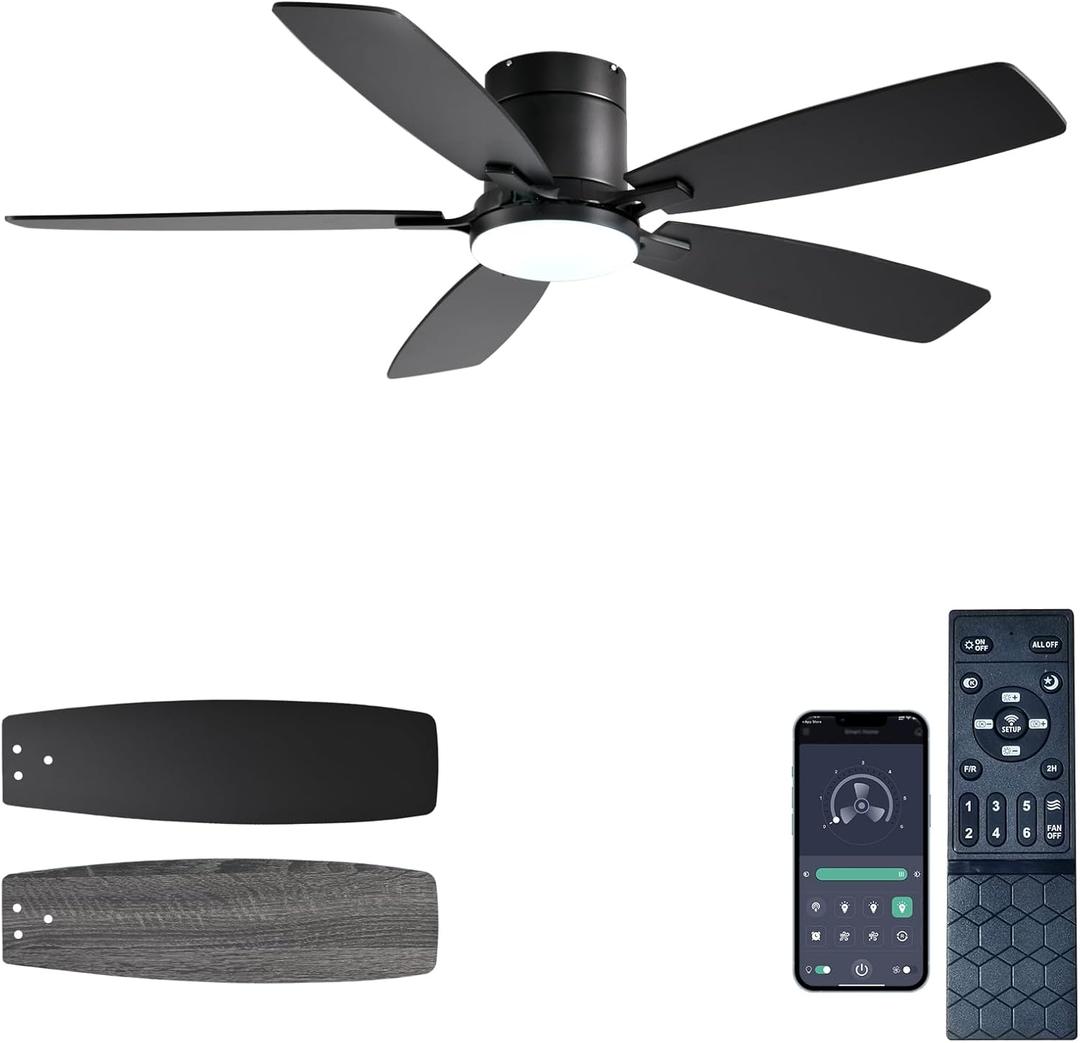 Ayaoty Ceiling Fans with Lights, 52 inch Low Profile Ceiling Fan with Light and Remote Control, Flush Mount, Reversible Motor, Dimmable, Noiseless, Black Ceiling Fan for Bedroom, Indoor/Outdoor Use