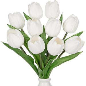 DILATATA 10 Pcs White Tulips Artificial Flowers Large Tulips Head Real Touch Fake Tulip Fake Flowers for Mother's Day 11.4" Faux Tulip for Vase Centerpieces Home Wedding Bouquet