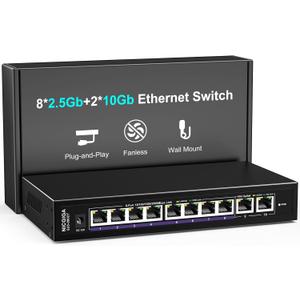 10Gbe Ethernet Switch Unmanaged with 2 x 10Gb RJ45 Ports 8 x 2.5Gb Base-T Ports, Desktop/Wall Mount NICGIGA 10 Port 10Gbps Network Switch for Wireless AP, NAS, PC