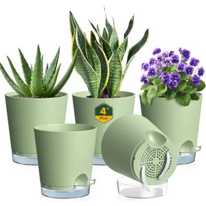 4 inch Self Watering Pots for Indoor Plants, 5 Pack Small Flower Plant Pots with Drainage Holes and Clear Reservoirs, Visible Water Level, Plastic Planters with Wicking Rope, Green