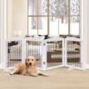 LZRS 4-Panel Freestanding Wooden Dog GateExtra Wide 30 Tall Foldable Pet Barrier with Support Feet, Solid Hardwood & Steel Wire Chew-Resistant Safety Gate for Doorways, Hallways, and Stairs, White