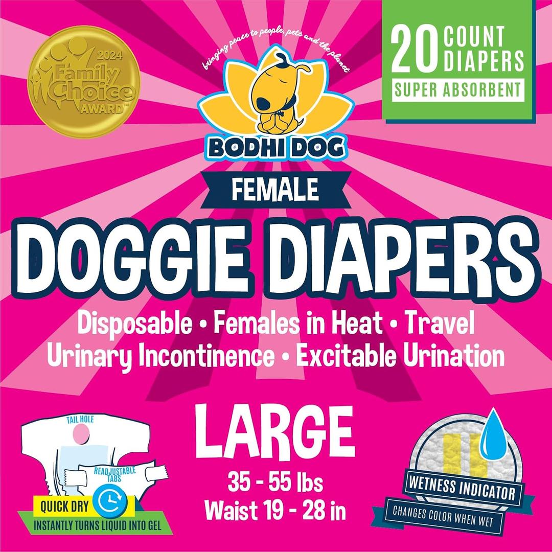 Bodhi Dog Disposable Female Dog Diapers - Super Absorbent Dog Diapers for Female Heat Cycle - Adjustable Fit Pee Wraps for Potty Training, Moisture Control & Wetness Indicator - Large (20 Count)