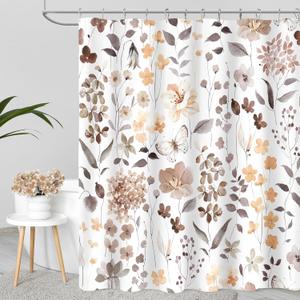 Brown Floral Shower Curtain, Fall Flower Fabric Shower Curtains for Bathroom, Taupe Wildflower Butterfly Cloth Shower Curtain Set with Hooks, 72x72