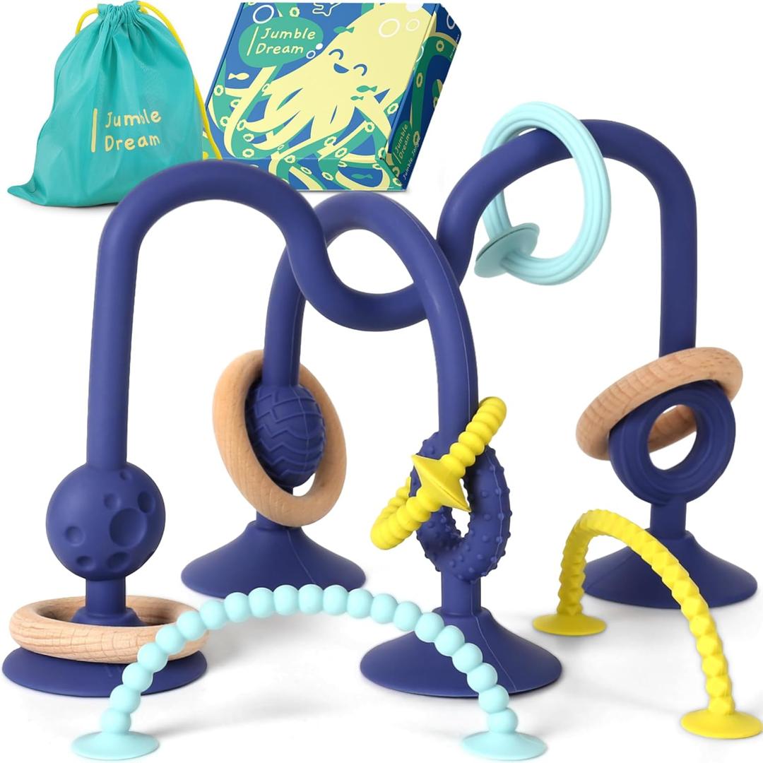 Jumble Jangle Baby Teething Toys BPA-Free, Multi-Purpose High Chair Toys for Babies: Suction Teething Relief with Sensory Toy Textures for Infants and Toddlers 024+ Months (Dark)
