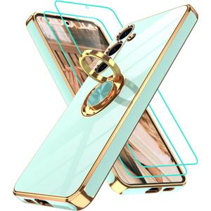 Gritup for Samsung Galaxy S24 Case: with 2Pcs Screen Protector, 360 Rotation Ring Holder Magnetic Kickstand Plating Gold Edge Soft TPU Shockproof Protective Cover for S24, Light Green