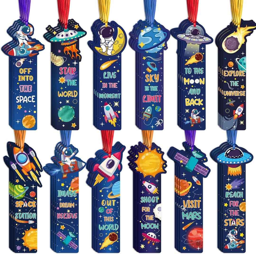 120 Pcs Space Bookmarks Bulk Planet Rocket Space Ship Theme Bookmarks Outer Space Inspirational Quotes Cards Valentines Gifts for Classroom Office Birthday Party Prizes Favors, Space