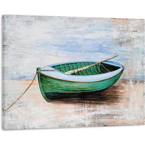 Yihui Arts - Nautical Canvas Wall Art - Green Boat Oil Painting - Modern Abstract Coastal Pictures for Bathroom Livingroom Bedroom Decor