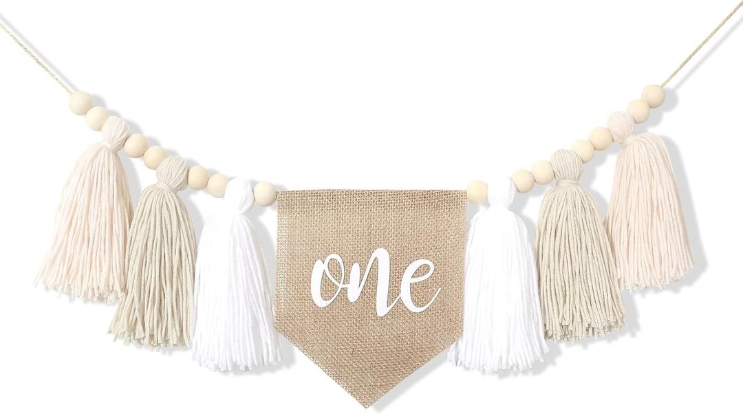 HGFC White 1st Birthday High Chair Banner - Wood Bead Tassel Garland - Pure Angel 1st Birthday Photo Backdrop - Wall Hangings Decorative For Kids