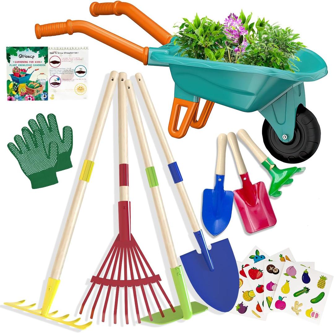 Qtioucp Kids Gardening Tools Outdoor Toys Set Backyard Play with Wheelbarrow Educational STEM Learning Pretend Toys Outdoor Indoor for Toddlers Kids Boys Girls (Green)