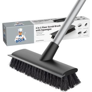 MR.SIGA Floor Scrub Brush with Long Handle, 2 in 1 Scrubber and Squeegee for Cleaning Bathroom, Patio, Garage, Wall, Tile with Stiff Bristles