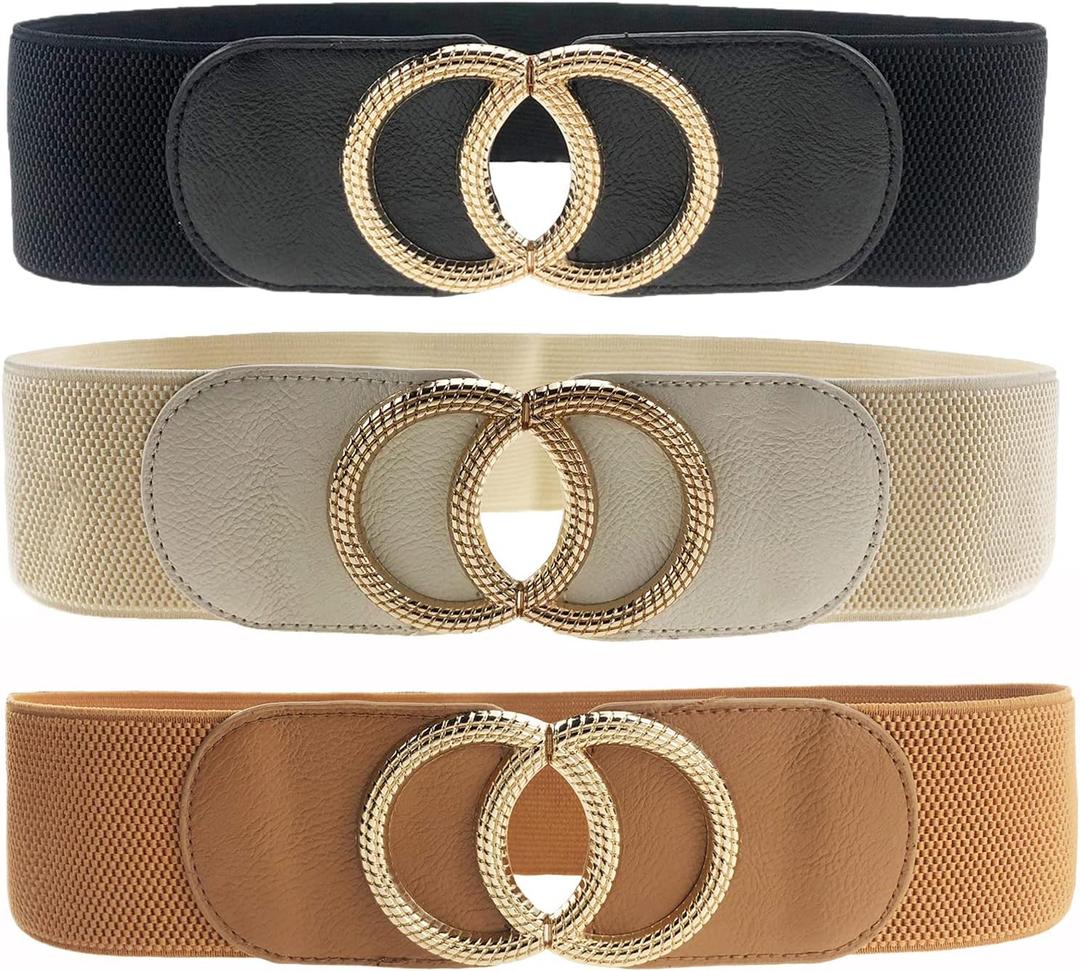 Swtddy 3 Pack Womens Vintage Wide Elastic Stretch Waist Belt For Dresses (Golden O Design Black+beige+camel)