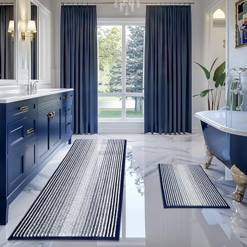 BSICPRO Bathroom Rugs and Mats Sets, 2 Piece Thick Absorbent Chenille Bath Mat Rug Set Non Slip, Soft Shaggy Bath Room Floor Mats for Bathroom, Machine Washable (Navy, 24" x 70" Plus 20" x 32")