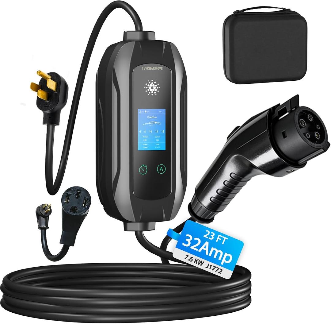 Portable Level 1 & Level 2 EV Charger with J1772 Connector, 23FT Cable, 240V 32A (7.68KW) Electric Car Charger, NEMA 14-50 Plug and NEMA 5-15 Adapter, Home Car Charger for J1772 Electric Car