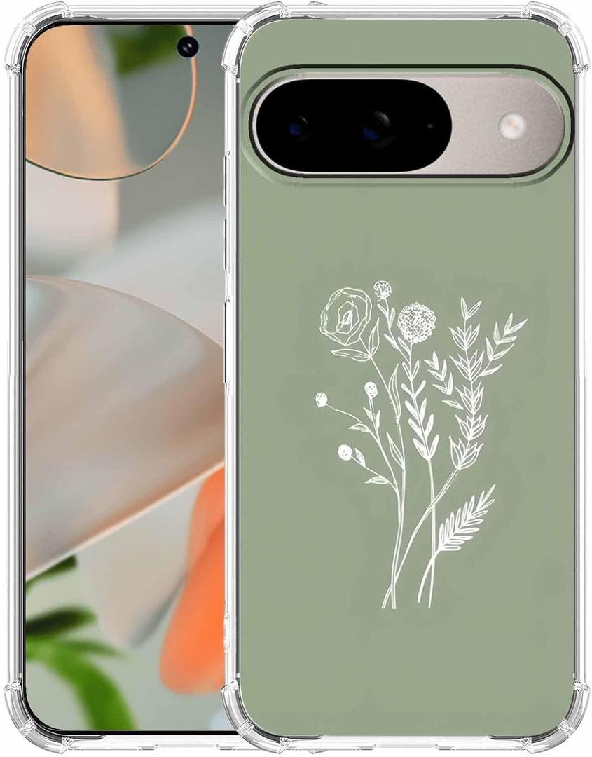 Green Flower Aesthetic Abstract Minimalism Floral Pattern,Trendy Soft TPU Full Cover Case for Google Pixel 9/9 Pro