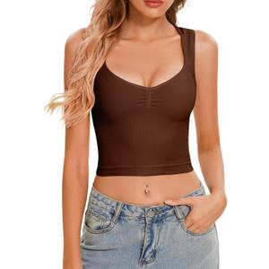 CHYRII Womens Square V Neck Tank Tops Sleeveless Summer Going Out Workout Yoga Basic Crop Tops (Small, Coffee)