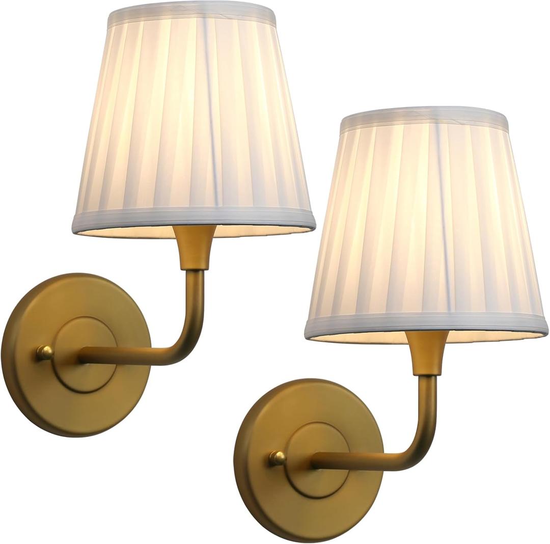 PERMO Set of 2 Vintage Gold Wall Sconces with White Pleated Fabric Shade  E26 Hardwired Wall Light for Bedroom, Living Room, Hallway, Bathroom, Entryway