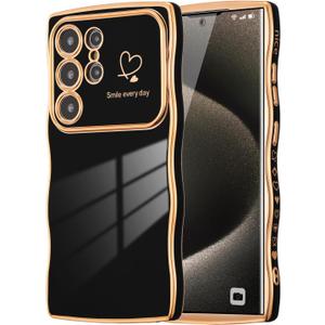 DEFBSC Case for Samsung Galaxy S25 Ultra Case, Curly Wave Shape Plating Frame Cute Love Heart Cover for Girls Women, Full Camera Lens Protection Soft Durable TPU Shockproof Bumper, Black