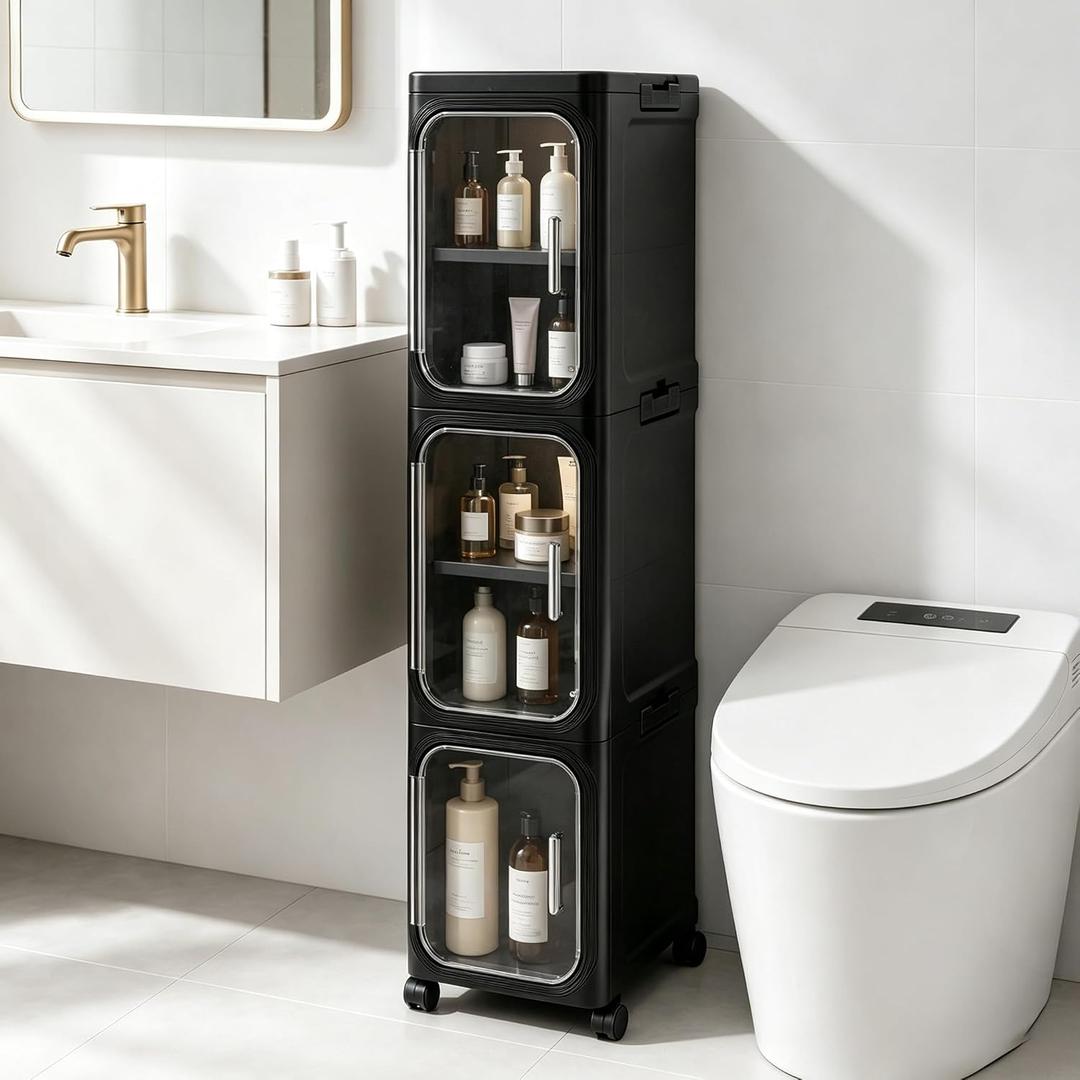 3 Tier Slim Narrow Bathroom Storage Cabinet with Wheels, Foldable, Black