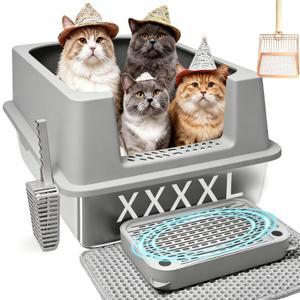 XXXL Stainless Steel Cat Litter Box 28.5" x 20" x 12.5" with High Sides, Litter Mat, Foot Pad, Removable Lid and Litter Scoop for Big, Overweight and Multiple Cats - Non-Stick & No Odor