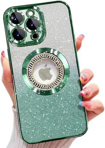 Misscase Case for iPhone 15 Pro Compatible with MagSafe,Full Protection Slim Shockproof Anti-Scratch Magnetic Glitter Case with Camera Lens Protector Logo View Dust-Proof Net for Women Green
