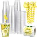 Gilprop 100 Sets Plastic Lemonade Cups with Lids and Straws Lemonade Stand Supplies 12 oz Disposable Lemon Cups Bulk with Stickers Lemonades Bar Supplies for Summer Beverage Drinking Party Favor