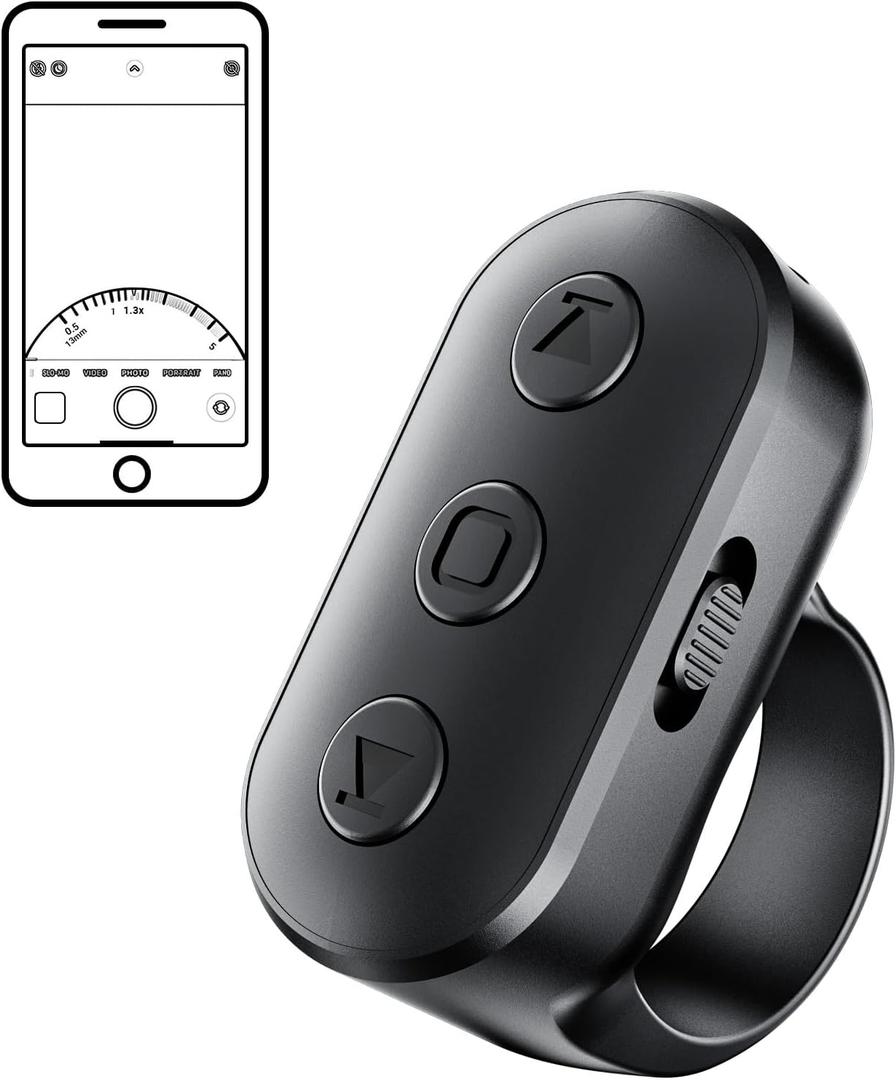 Phone Camera Ring Remote Control with Zoom in/Out, Rechargeable Shutter with Front/Rear Camera Switch for iPhone Android iPad, Hands Free Remote Ring for Photo & Video Recording Content Creator (Black)