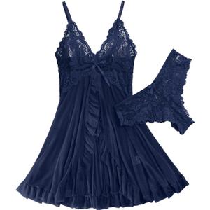 Foxiny Sexy Ruffle Sheer Mesh Lace Wireless Babydoll Lingerie Dress with Thong 2 Piece (Blue, L)