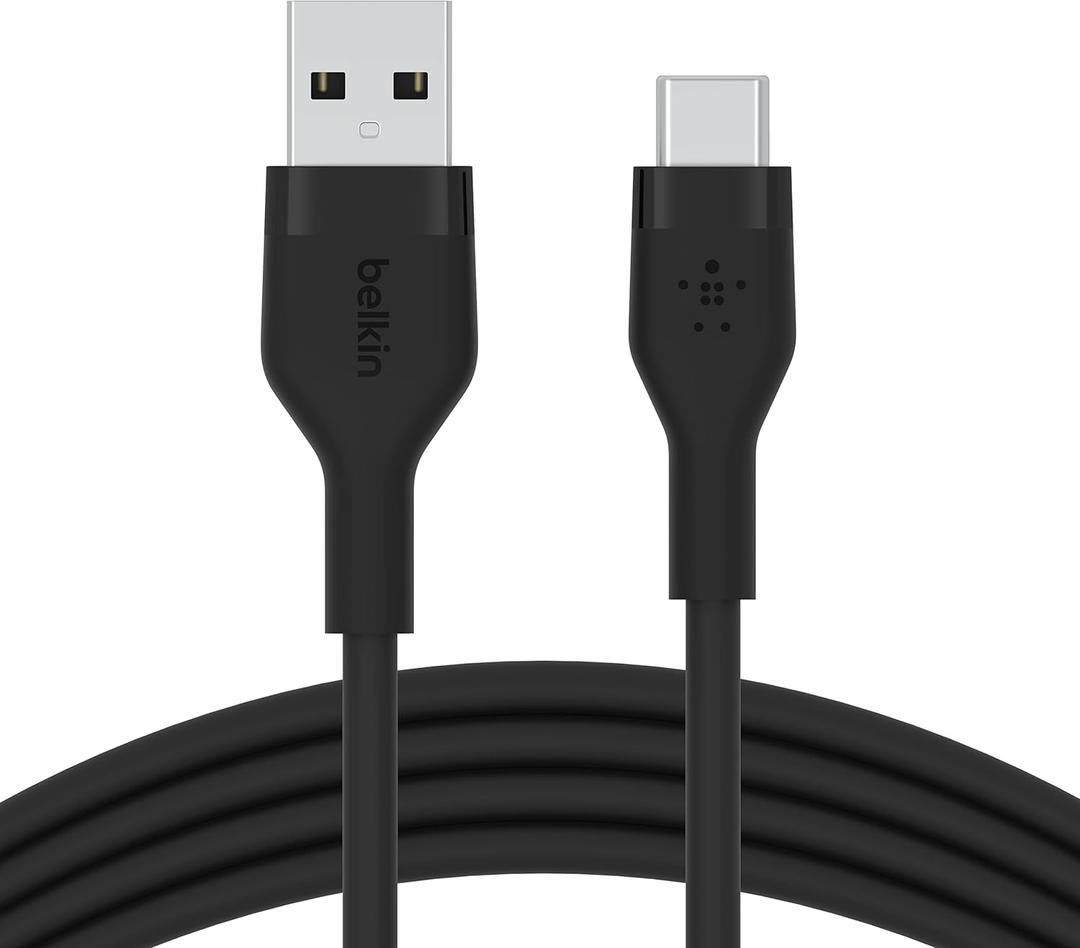 Belkin BoostCharge Flex Silicone USB-A to USB-C Cable (2M/6.6ft) for iPhone 17, iPhone 17 Pro, Galaxy S25, S24, Note, Pixel 9 & 8, Nintendo Switch 2, Carplay & More with Cable Clip - Black
