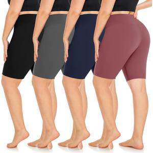 Morefeel 4 Pack Plus Size Biker Shorts For Women Xl-4Xl 8" High Waisted Non-See Through Workout Super Soft Yoga Shorts (3X-Large, 01-Black,Grey,Navy Blue,Pink)