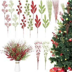 100 Pcs Red and Green Christmas Picks and Sprays Christmas Tree Filler Decorations 8'' 12'' 14'' 17''Artificial Glitter Curly Picks Ornaments for Xmas Tree Decorations Crafts