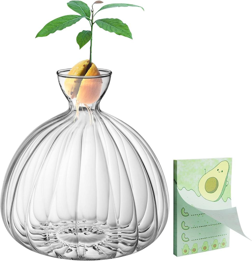 Avocado Seed Starter Vase,Thickened Striped Avocado Seed Sprout Glass Container, Avocado Tree Planting Growing Kit with Avocado Sticker for Plant Gardening Lover (Striped)