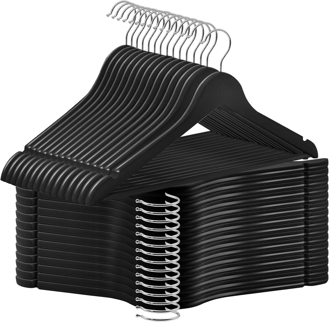 30 Pack Wooden Coat Hangers, 360 Swivel Hook, Suit Hangers with Anti-Slip Notches, Clothes Hangers for Jackets, Shirts, Dress, Black UAWY0530B