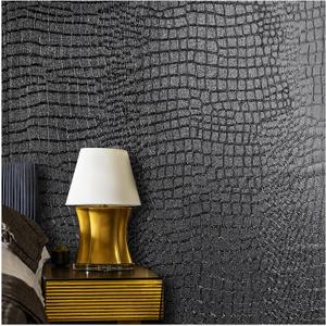 Kimhan Black Peel and Stick Wallpaper Removable Crocodile Embossed Textured Wallpaper for Cabinet and Bedroom - 15.7" X 393"