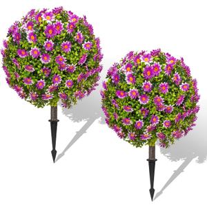 25" Artificial Boxwood Topiary Ball Trees with Purple Daisy, Fake Mums Plants with Ground SpikeSet of 2 UV Resistant Faux Bushes, Fake Shrubs for Garden, Patio, Porch, Yard, Indoor